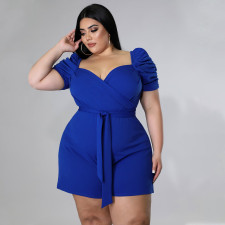 Plus Size Solid V Neck Sashes Romper NNWF-7461