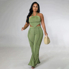 Plus Size Solid Halter Two Piece Pants Sets WPF-80558