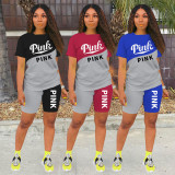 Pink Letter Casual Two Piece Shorts Set GHF-093
