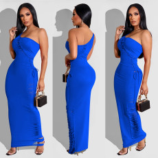 Fashion Sexy Single Shoulder Hollow Solid Color Maxi Dress YD-8577