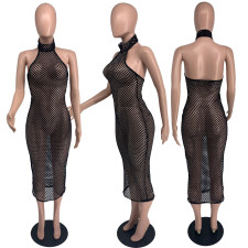 Sexy Fishnet Hollow Halter Night Club Maxi Dress (Without Briefs)AMLF-3017