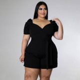 Plus Size Solid V Neck Sashes Romper NNWF-7461