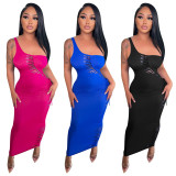 Fashion Sexy Single Shoulder Hollow Solid Color Maxi Dress YD-8577