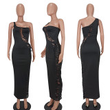 Fashion Sexy Single Shoulder Hollow Solid Color Maxi Dress YD-8577