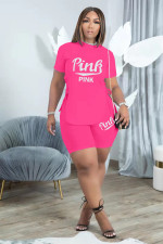 Plus Size Pink Letter Lace-Up Two Piece Shorts Set QHF-8685