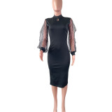 Solid Fashion Bead Long Sleeve Slim Midi Dress LS-0369