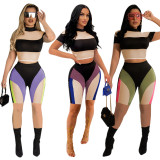 Sexy Mesh Splice Short Sleeve Shorts Two Piece Sets MYP-10014