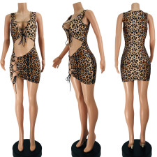 Leopard Lace-Up Hollow Out Sleeveless Mini Dress JZHF-8108