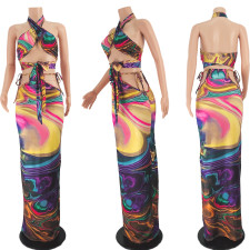 Sexy Printed Halter Hollow Maxi Skirt Two Piece Sets JZHF-8107