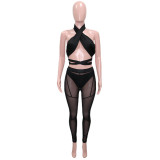 Black Sexy Halter Cross Top+Mesh Pants+Underpants 3 Piece Sets SH-390285