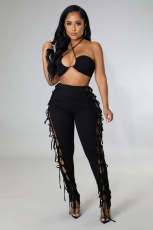 Solid Sexy Lace-Up Tube Top+Pants 2 Piece Sets ME-8052