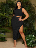 Plus Size Solid Tank Top+Ruched Split Skirt 2 Piece Sets ME-6108