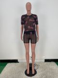 Sexy Letter Print Mesh See-through Short Sleeve Shorts 2 Piece Set ARM-8323