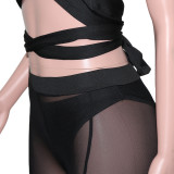 Black Sexy Halter Cross Top+Mesh Pants+Underpants 3 Piece Sets SH-390285