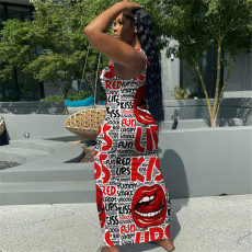 Plus Size Lip Letter Print Sleeveless Maxi Dress GHF-096