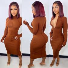 Solid Thumb Hole Long Sleeve Zipper Slim Midi Dress BGN-240