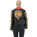Plus Size Studded Leather Tiger Head Print Fashion Jacket OSIF-19515