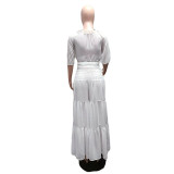 White Half Sleeve Wide Leg Pants 2 Piece Sets GCNF-0176