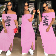 Plus Size Pink Letter Print Slash Neck Split Maxi Dress AL-280