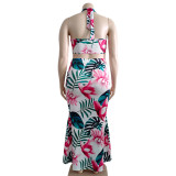 Plus Size Casual Floral Print Halter Top And Skirt Two Piece Sets ONY-7002