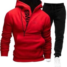 Pullover Side Zip Contrast Hooded Men's Sweatshirt Set FLZH-HD01-ZK33