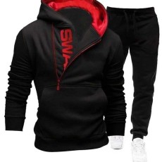 Pullover Side Zip Contrast Hooded Men's Sweatshirt Set FLZH-HD01-ZK33