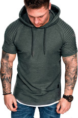 Men Casual Pleated Solid Short Sleeve Hooded Top FLZH-ZT116