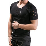 Men Short Sleeve Hole Zipper Decoration Casual T-Shirt FLZH-ZT06