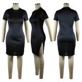 Solid Short Sleeve O Neck Split Mini Dress TE-4413