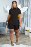 Plus Size Solid Lace-Up T Shirt And Shorts 2 Piece Sets YM-9313
