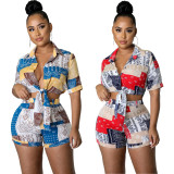 Sexy Printed Short Sleeve Shirt Top Shorts 2 Piece Sets OMY-81013