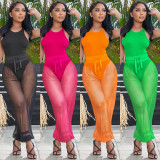 Solid Sleeveless Bodysuit+Mesh Pants 2 Piece Sets BY-5715