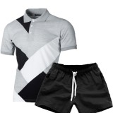 Men Color Block Fashion Short Sleeve Top Two Piece Shorts Set FLZH-ZT83-ZK70