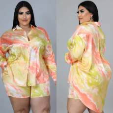 Plus Size Long Sleeve Shirt And Shorts 2 Piece Sets CY-7109