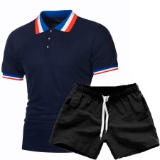 Men's Patchwork Lapel Short Sleeve POLO Two Piece Shorts Set FLZH-ZT55-ZK70