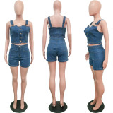 Plus Size Denim Strap CropTop+Jeans Shorts 2 Piece Sets SH-3536