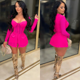 Fashion Solid Color Mesh Long Sleeve Zipper Top Shorts Two Piece Sets BY-5683