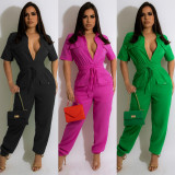 Solid Short Sleeve Pockets Jumpsuit MA-Y489