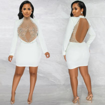 Sexy Nightclub Bead Hot Diamond Mesh Splice Backless Long Sleeve Dress BY-5681