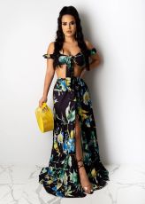 Sexy Printed Cropped Top Long Skirts Two Piece Sets SFY-2161