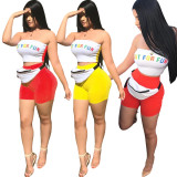 Plus Size Letter Print Tube Top And Shorts 2 Piece Sets SH-390288