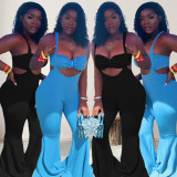 Plus Size Solid Tube Top+Strap Flare Pant 2 Piece Sets WPF-80578