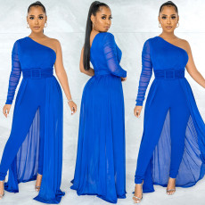 Solid Color Sexy One Shoulder Long Sleeve Jumpsuit BY-5675