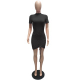Solid Short Sleeve Drawstring Slim Mini Dress MZ-2738