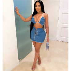 Sexy Denim Halter Top And Mini Skirts Two Piece Sets GDYF-6926