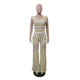 Striped Print Sleeveless Top Wide Leg Pants Two Piece Sets GCNF-0183