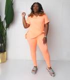 Plus Size Solid Color Home Casual Short Sleeve Pants 2 Piece Sets APLF-X89003