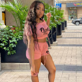 Pink Letter Print Two Piece Shorts Set MNKF-8055