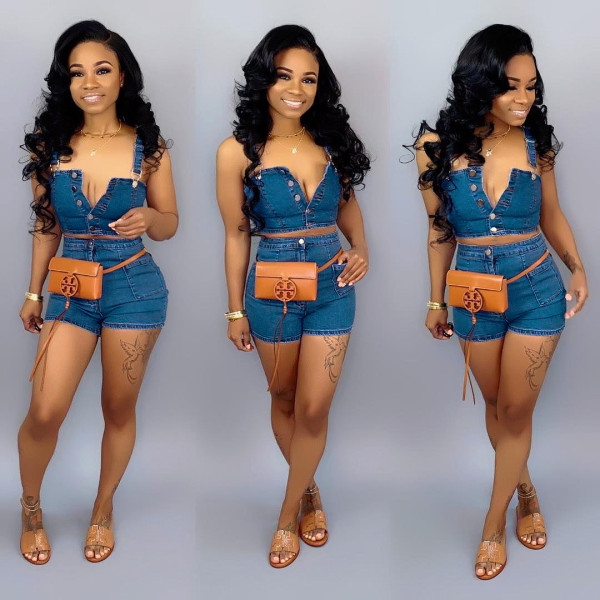 Plus Size Denim Strap CropTop+Jeans Shorts 2 Piece Sets SH-3536