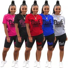 Pink Letter Print T Shirt And Shorts 2 Piece Sets FST-8040